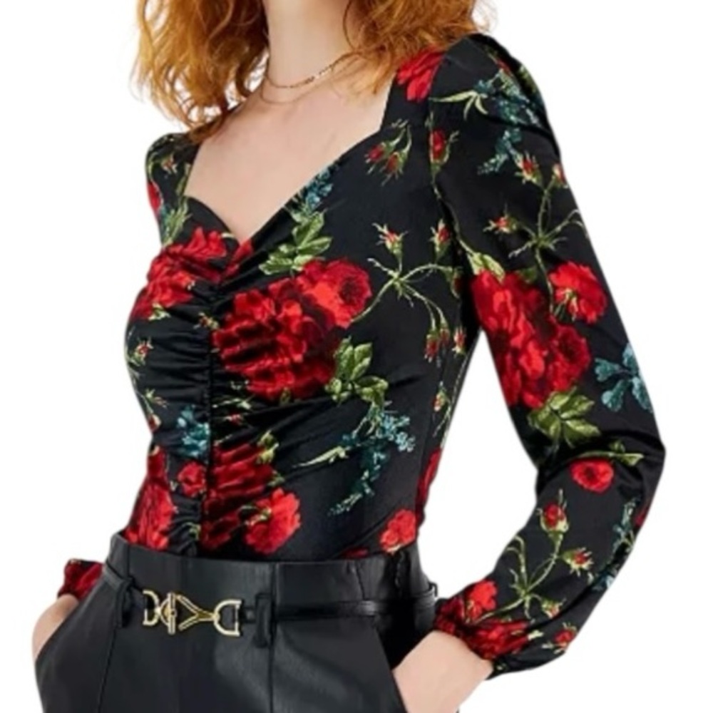 INC Velour Velvet Dark Floral Puff Sleeve Top S Red Going Out Moody Goth Pinup